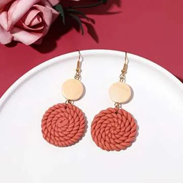 PWUEITR Clay Dangle Earrings Handmade Braided Rattan Earrings Round Square Heart Earrings Vintage Drop Earrings Cute Thanksgiving Jewelry Gift for Women,Round 7cm
