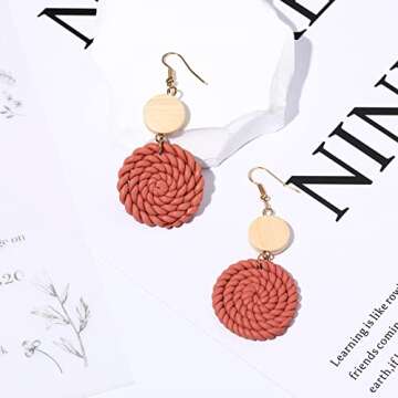 PWUEITR Clay Dangle Earrings Handmade Braided Rattan Earrings Round Square Heart Earrings Vintage Drop Earrings Cute Thanksgiving Jewelry Gift for Women,Round 7cm