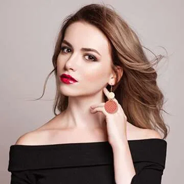 PWUEITR Clay Dangle Earrings Handmade Braided Rattan Earrings Round Square Heart Earrings Vintage Drop Earrings Cute Thanksgiving Jewelry Gift for Women,Round 7cm