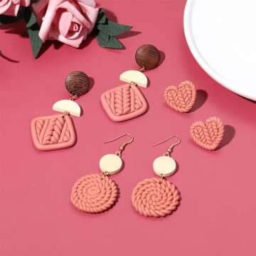 PWUEITR Clay Dangle Earrings Handmade Braided Rattan Earrings Round Square Heart Earrings Vintage Drop Earrings Cute Thanksgiving Jewelry Gift for Women,Round 7cm