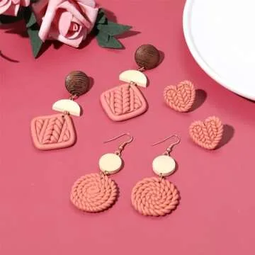 PWUEITR Clay Dangle Earrings Handmade Braided Rattan Earrings Round Square Heart Earrings Vintage Drop Earrings Cute Thanksgiving Jewelry Gift for Women,Round 7cm