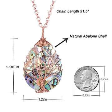 Tear Drop Abalone Tree of Life Necklace - Wire Wrap Abalone Shell Tree of Life Healing Crystal Pendant Necklace Fashion Rose Gold Plated Necklace Jewelry for Women