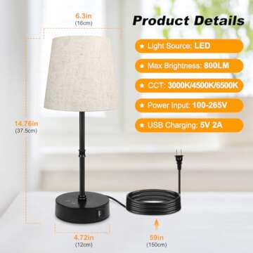 Ascher Dimmable Bedside Table Lamp with 3 Color Temperatures, RGB Color Changing Lamps, Nightstand L...