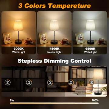 Ascher Dimmable Bedside Table Lamp with 3 Color Temperatures, RGB Color Changing Lamps, Nightstand Lamp with Dual USB Charging Ports, Touch Control Desk Lamp for Bedroom Living Room Dorm Study Office