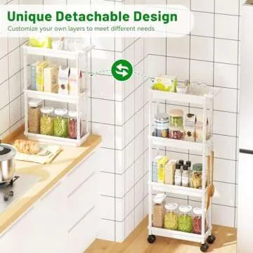 PouHenier.jh 4 Tier Small Slim Bathroom Storage Rolling Utility Cart Organizer, Detachable Narrow Caddy with Wheels for Dorm and Laundry, Skinny Sturdy Organization Trolley for Snack Craft Art (White)