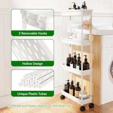 PouHenier.jh 4 Tier Small Slim Bathroom Storage Rolling Utility Cart Organizer, Detachable Narrow Caddy with Wheels for Dorm and Laundry, Skinny Sturdy Organization Trolley for Snack Craft Art (White)