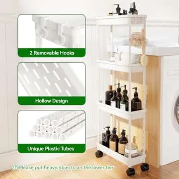 PouHenier.jh 4 Tier Small Slim Bathroom Storage Rolling Utility Cart Organizer, Detachable Narrow Caddy with Wheels for Dorm and Laundry, Skinny Sturdy Organization Trolley for Snack Craft Art (White)