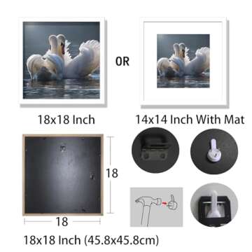 SKAOTUS 18x18 Picture Frame White Solid Wood for Mat 14x14 Wall Mounting Square Poster Frames