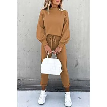 Fixmatti Women Solid Color 2 Piece Outfit Set - Long Sleeve Pullover & Jogger Pants