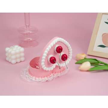 Stylor Coquette Room Decor Aesthetic, Heart Shaped Jewelry Box for Girls, Fake Cherry Pink Cake, Cute Kawaii Decorative Storage Accessories.