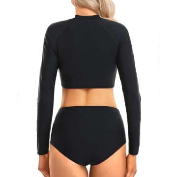 Pinup Fashion Rash Guard Two Piece Long Sleeve Swimsuit Black UV UPF 50+ Swim Shirt Bathing Suit wit...