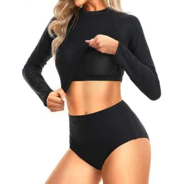 Pinup Fashion Rash Guard Two Piece Long Sleeve Swimsuit Black UV UPF 50+ Swim Shirt Bathing Suit with High Waisted Bottom