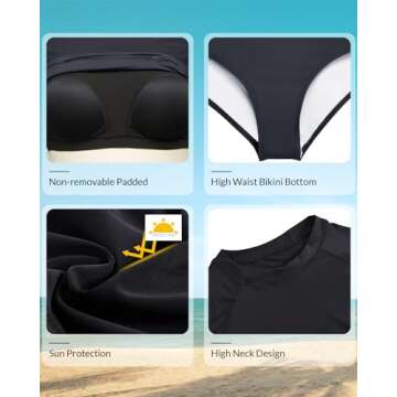 Pinup Fashion Rash Guard Two Piece Long Sleeve Swimsuit Black UV UPF 50+ Swim Shirt Bathing Suit with High Waisted Bottom