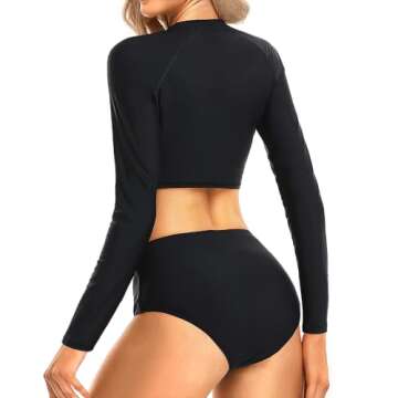 Pinup Fashion Rash Guard Two Piece Long Sleeve Swimsuit Black UV UPF 50+ Swim Shirt Bathing Suit with High Waisted Bottom