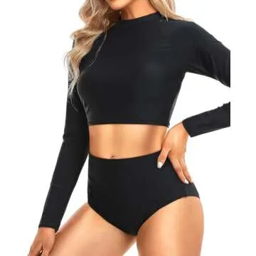 Pinup Fashion Rash Guard Two Piece Long Sleeve Swimsuit Black UV UPF 50+ Swim Shirt Bathing Suit with High Waisted Bottom