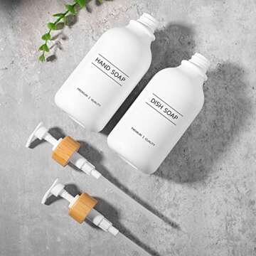 MIERTING White Soap Dispenser, 2 Pack Bathroom Hand Soap and Lotion Dispenser Set with Bamboo Pump, 16 Oz Plastic Hand and Dish Soap Dispensers Set for Kitchen, Refillable Liquid Soap Bottles