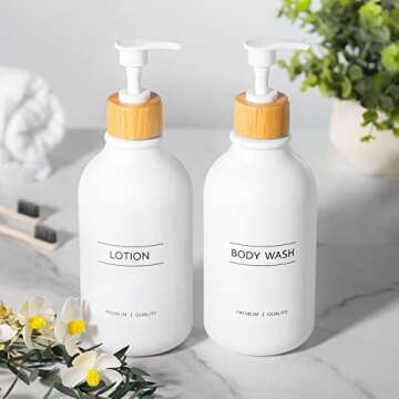 MIERTING White Soap Dispenser, 2 Pack Bathroom Hand Soap and Lotion Dispenser Set with Bamboo Pump, 16 Oz Plastic Hand and Dish Soap Dispensers Set for Kitchen, Refillable Liquid Soap Bottles