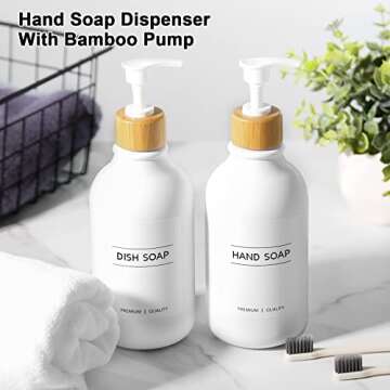 MIERTING White Soap Dispenser, 2 Pack Bathroom Hand Soap and Lotion Dispenser Set with Bamboo Pump, 16 Oz Plastic Hand and Dish Soap Dispensers Set for Kitchen, Refillable Liquid Soap Bottles