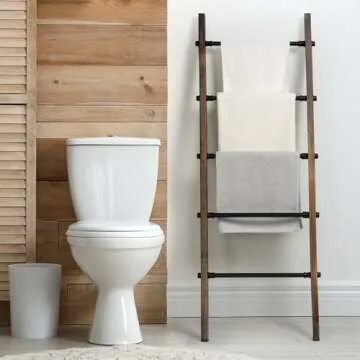 MyGift Rustic Burnt Wood Throw Quilt Blanket Ladder Farmhouse Style with 5 Black Metal Rungs, Bathroom Towel Ladder Storage Rack