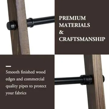 MyGift Rustic Burnt Wood Throw Quilt Blanket Ladder Farmhouse Style with 5 Black Metal Rungs, Bathroom Towel Ladder Storage Rack