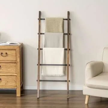 MyGift Rustic Burnt Wood Throw Quilt Blanket Ladder Farmhouse Style with 5 Black Metal Rungs, Bathroom Towel Ladder Storage Rack