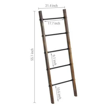 MyGift Rustic Burnt Wood Throw Quilt Blanket Ladder Farmhouse Style with 5 Black Metal Rungs, Bathroom Towel Ladder Storage Rack