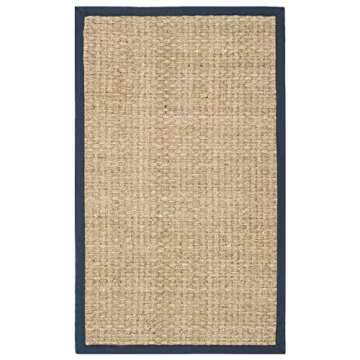 SAFAVIEH Natural Fiber Collection Accent Rug - 3' x 5', Natural & Blue, Border Basketweave Seagrass Design, Easy Care, Ideal for High Traffic Areas in Entryway, Living Room, Bedroom (NF114E)