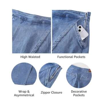 luvamia High Waisted Jean Skirts for Women Short Skirt with Pockets Faux Wrap Skirt Denim Skirt Women Plus Concert Outfit Stretchy Jean Skirts for Women Cool Blue Size XX-Large US Size 20 to Size 22