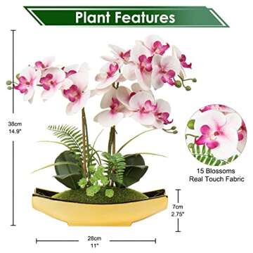Briful Orchids Artificial Flowers 15" Light Pink Phalaenopsis Orchid with Gold Pots Real Touch Faux ...