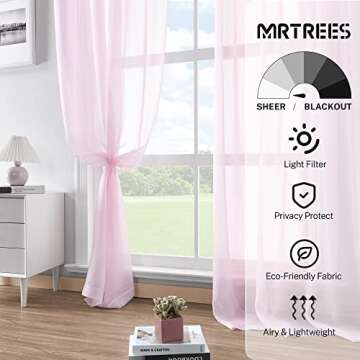 MRTREES Sheer Curtains Pink 84 inches Long Sheers Girls Room Nursery Transparent Voile Curtain Panel Bedroom Rod Pocket Window Treatment Set 2 Panels Living Room Sliding Glass Door