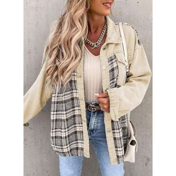 SHEWIN Women's Oversized Denim Jacket Casual Long Sleeve Button Down Plaid Shacket Boyfriend Jean Jacket With Pockets