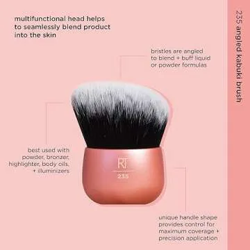 Real Techniques Angled Kabuki Brush, For Body Bronzer or Foundation Application, Handless Makeup Blender, Dense, Synthetic Bristles, Aluminum Handle, Vegan & Cruelty-Free, Orange, 1 Count