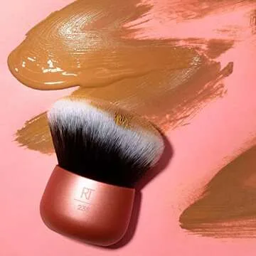 Real Techniques Angled Kabuki Brush, For Body Bronzer or Foundation Application, Handless Makeup Blender, Dense, Synthetic Bristles, Aluminum Handle, Vegan & Cruelty-Free, Orange, 1 Count