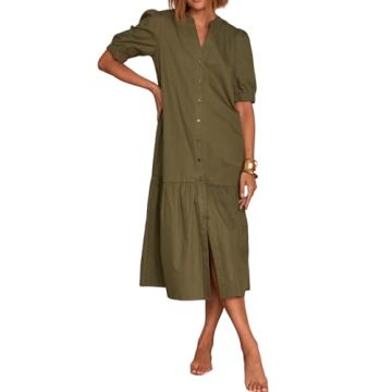 AmySister Women's Casual Short Sleeve Drop Waist Midi Dress with Pockets L Khaki