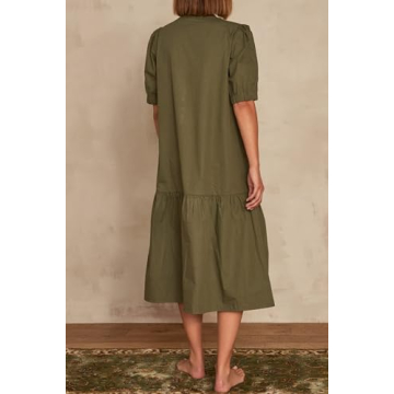 AmySister Women's Casual Short Sleeve Drop Waist Midi Dress with Pockets L Khaki