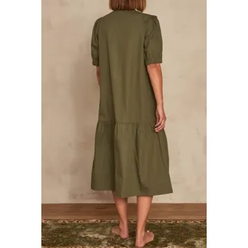 AmySister Women's Casual Short Sleeve Drop Waist Midi Dress with Pockets L Khaki