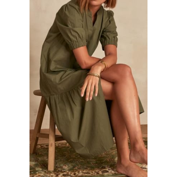 AmySister Women's Casual Short Sleeve Drop Waist Midi Dress with Pockets L Khaki