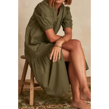 AmySister Women's Casual Short Sleeve Drop Waist Midi Dress with Pockets L Khaki