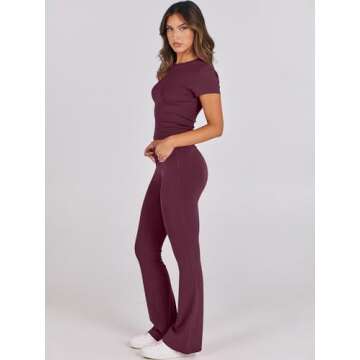 ANRABESS Lounge Sets for Women 2 piece Foldover Yoga Flare Leggings Pants Crop Tops Casual Y2K Outfits Matching Tracksuit Set Burgundy X-Large