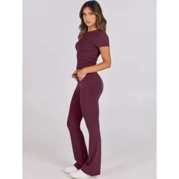 ANRABESS Lounge Sets for Women 2 piece Foldover Yoga Flare Leggings Pants Crop Tops Casual Y2K Outfits Matching Tracksuit Set Burgundy X-Large