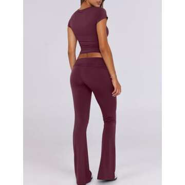 ANRABESS Lounge Sets for Women 2 piece Foldover Yoga Flare Leggings Pants Crop Tops Casual Y2K Outfits Matching Tracksuit Set Burgundy X-Large