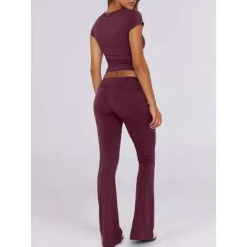 ANRABESS Lounge Sets for Women 2 piece Foldover Yoga Flare Leggings Pants Crop Tops Casual Y2K Outfits Matching Tracksuit Set Burgundy X-Large