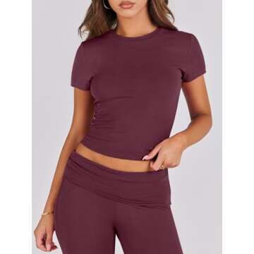 ANRABESS Lounge Sets for Women 2 piece Foldover Yoga Flare Leggings Pants Crop Tops Casual Y2K Outfits Matching Tracksuit Set Burgundy X-Large