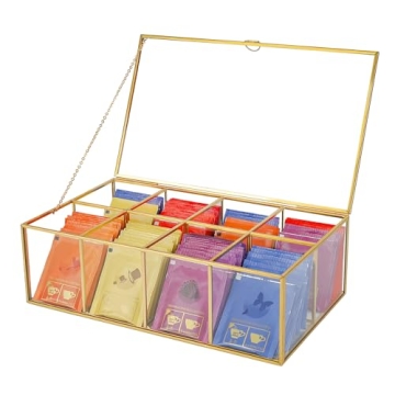 REDHUGO Glass Tea Bag Organizer - 8 Compartments, Handmade Tea Storage Box