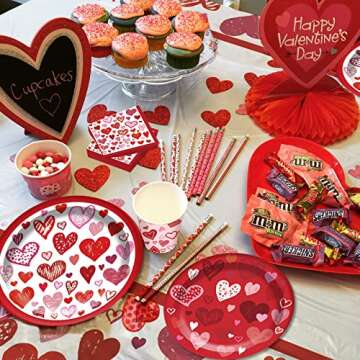 QICI Valentines Day Party Decorations Supplies,Valentines Day Tableware Set with Red and Pink Plates, Cups, Tablecloth,Napkins for Valentines Day Themed Party Dinnerware - Serves10