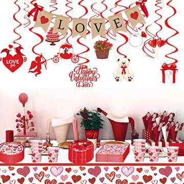 QICI Valentines Day Party Decorations Supplies,Valentines Day Tableware Set with Red and Pink Plates, Cups, Tablecloth,Napkins for Valentines Day Themed Party Dinnerware - Serves10