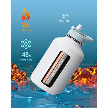 Coolflask 64 oz Water Bottle Insulated with PU Leather Sleeve, Half Gallon Water Bottle Color Contrast with Straw Lids, Stainless Steel Metal Large Water Jug, Keep Cold 48h Hot 24h,Glacier White