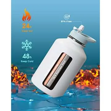 Coolflask 64 oz Water Bottle Insulated with PU Leather Sleeve, Half Gallon Water Bottle Color Contrast with Straw Lids, Stainless Steel Metal Large Water Jug, Keep Cold 48h Hot 24h,Glacier White