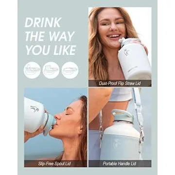 Coolflask 64 oz Water Bottle Insulated with PU Leather Sleeve, Half Gallon Water Bottle Color Contrast with Straw Lids, Stainless Steel Metal Large Water Jug, Keep Cold 48h Hot 24h,Glacier White