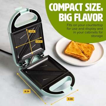 Tasty Mini Sandwich Maker, Makes Sandwiches, Paninis, Grilled Cheese, Desserts, Quick Results, Easy Cleanup, 600W, Aqua